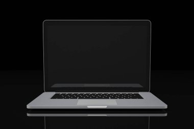 Siyah arkaplan çalışma alanı üzerindeki bilgisayar dizüstü boş görüntüsü tasarım illüstrasyonunu 3d biçimlendir