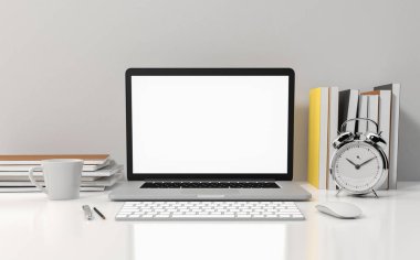 Beyaz ofis masasında dizüstü bilgisayar boş ekranı, çalışma alanı tasarım çizimi 3D görüntüleme