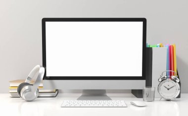 Beyaz ofis masasında bilgisayar boş ekranı, çalışma alanı tasarım illüstrasyonunu 3d biçimlendirme