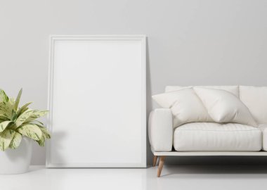 Oturma odasında afiş ve beyaz kanepe, resim 3D görüntüleme
