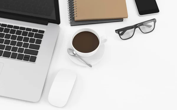 Mesa de escritorio de oficina blanca con computadora portátil, taza de café, vasos y teléfono, ilustración de diseño de espacio de copia 3D — Foto de Stock