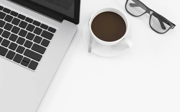 Mesa de escritorio de oficina blanca con computadora portátil, taza de café y vasos, ilustración de diseño de espacio de copia 3D — Foto de Stock