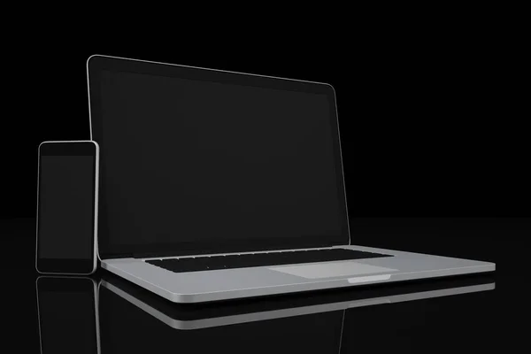 Laptop i smartfon pusty wyświetlacz na czarnym tle przestrzeń robocza makieta projekt ilustracja 3d renderowania — Zdjęcie stockowe