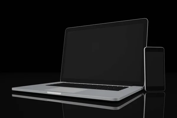 Laptop i smartfon pusty wyświetlacz na czarnym tle przestrzeń robocza makieta projekt ilustracja 3d renderowania — Zdjęcie stockowe