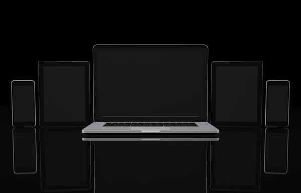 Computer portatile, tablet e smartphone display vuoto su sfondo nero spazio di lavoro modellare disegno illustrazione rendering 3D — Foto Stock