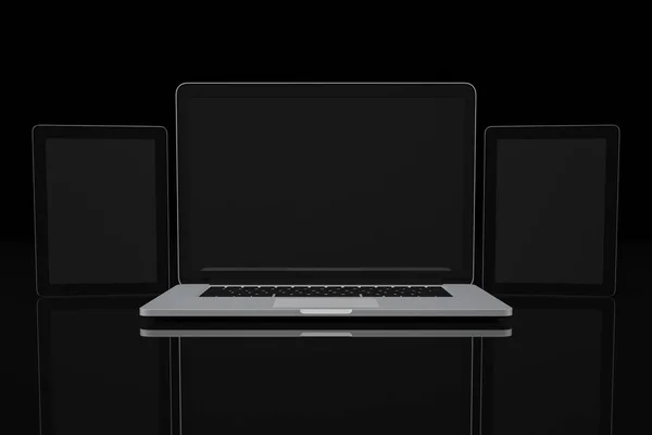 Komputer laptop i tablet pusty wyświetlacz na czarnym tle obszaru roboczego makiety projekt ilustracja 3d renderowania — Zdjęcie stockowe