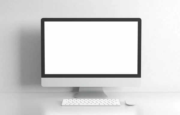 Komputer pusty ekran na białym biurku, przestrzeń robocza makieta projekt ilustracja 3d renderowania — Zdjęcie stockowe