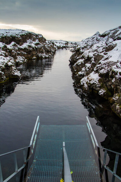 Silfra fissure place where Euroasian and North American tectonical plate are connected.  Thingvellir National Park or INGVELLIR Unesco heritage. Palce for snorkeling and scuba diving.