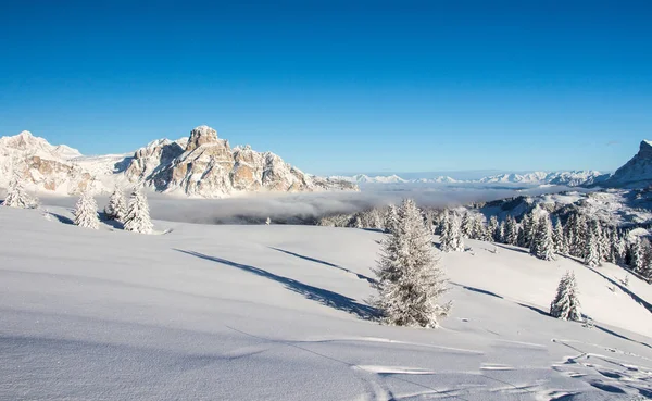 Čerstvě Upravené Sjezdovce Nádhernou Zimní Krajinu Alpách Dolomitech Ranní Pohled — Stock fotografie