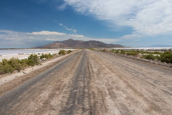 Dirty Road at Great Salt lake. Pink water in one side blue water and salt flakes on the othet side.