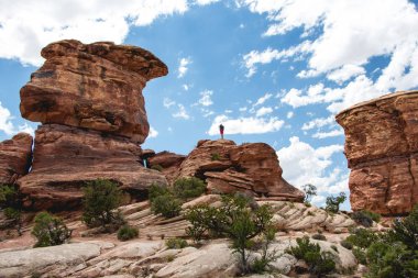 Genç yürüyüşçü Canyonlands Nationa Park'ta bir kaya üzerinde duran