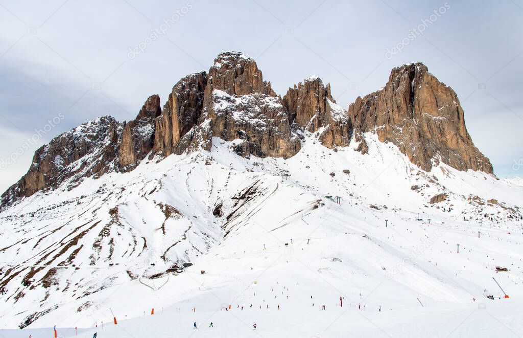 Winter mountain landscape from Dolomites superski slopes, amazing ski carousel in Italy