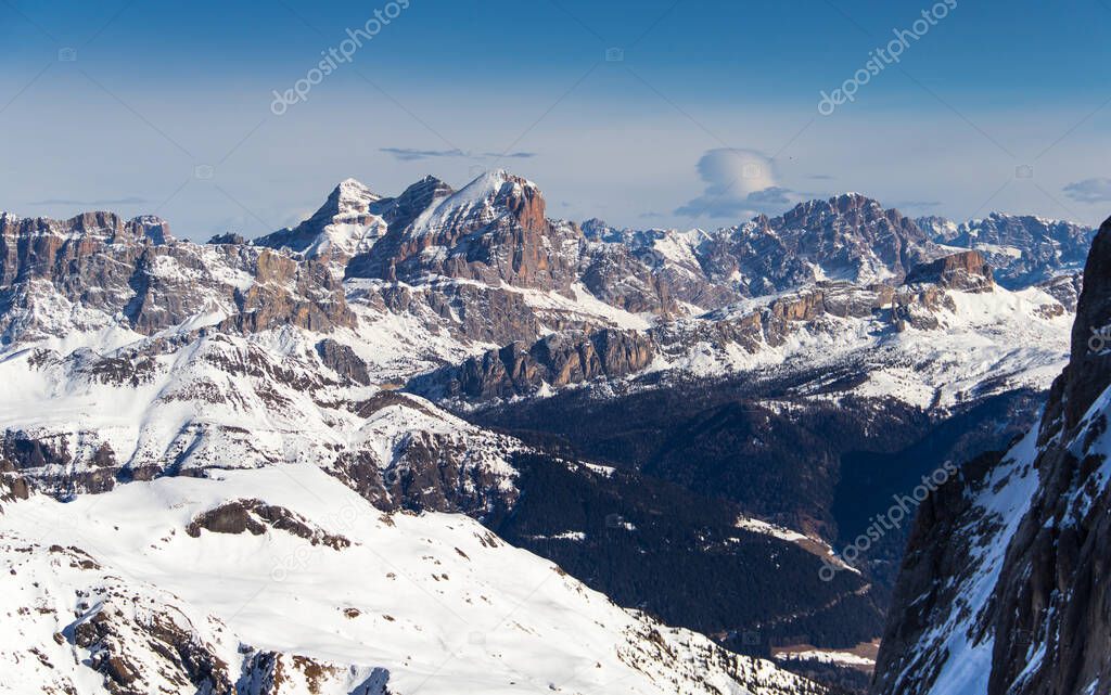 Winter mountain landscape, Dlomites, Italy, Unseco World Heritage, Sella Ronda, Alta Badia , Italy Dolomites Supeski region, Tofana di Rozes, Piz Boe