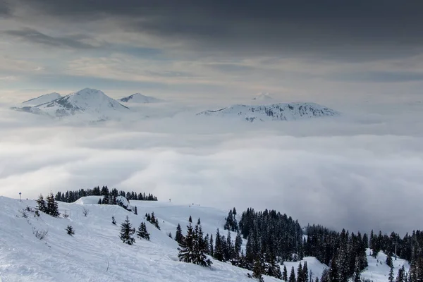 Cloudy winter landscape with sea of clouds and peaks above the clouds