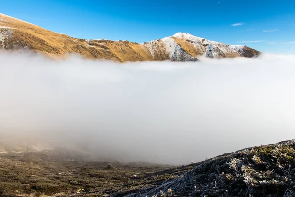 Vinterdag Över Molnen Karpaterna Dimma Dalens Sol Toppen Ovanför Molnen — Stockfoto