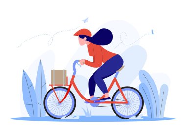 Klasik bisiklete binen kadın, bisiklet konseptinde teslimatçı kadın, vektör çizimi düz stil..