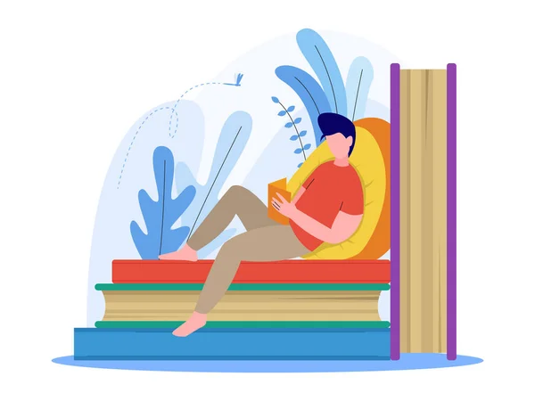 Homme Lisant Livre Assis Sur Une Pile Livres Concept Illustration — Image vectorielle