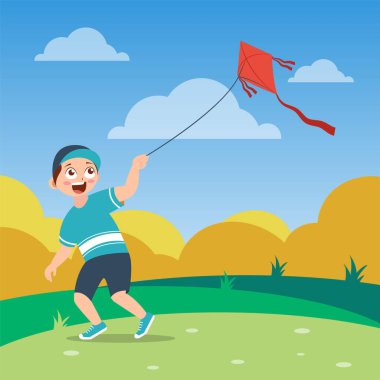 Yeşil tişörtlü ve şapkalı mutlu çocuk sahada uçurtma oynuyor. Çizgi film çizimi.