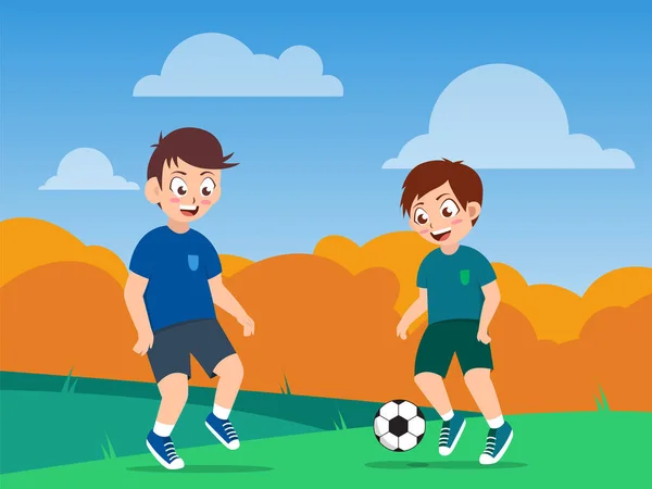 Мальчики Играют Футбол Футбол Поле Векторная Иллюстрация Мультфильма — стоковый вектор