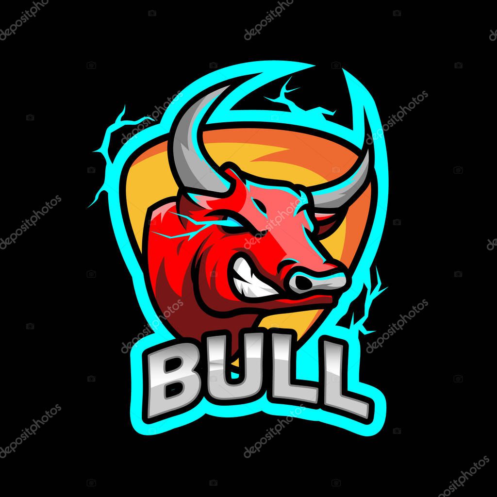 Angry bull head e-sport team logo mascot with lightning, vector illustration
