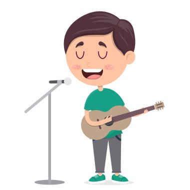 Küçük çocuk şarkı söylüyor ve gitar çalıyor, müzik performansı çocuk, çizgi film vektörü çizimi