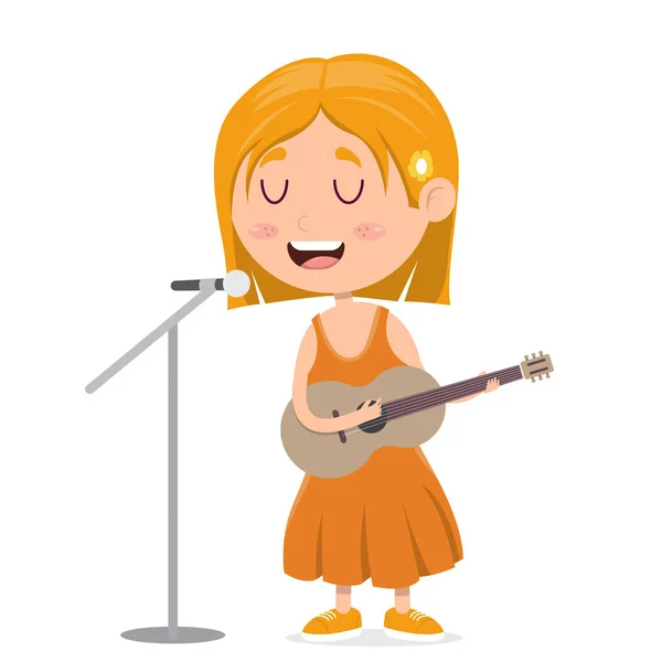 Menina Cantando Tocando Guitarra Performance Musical Por Criança Desenho Animado — Vetor de Stock