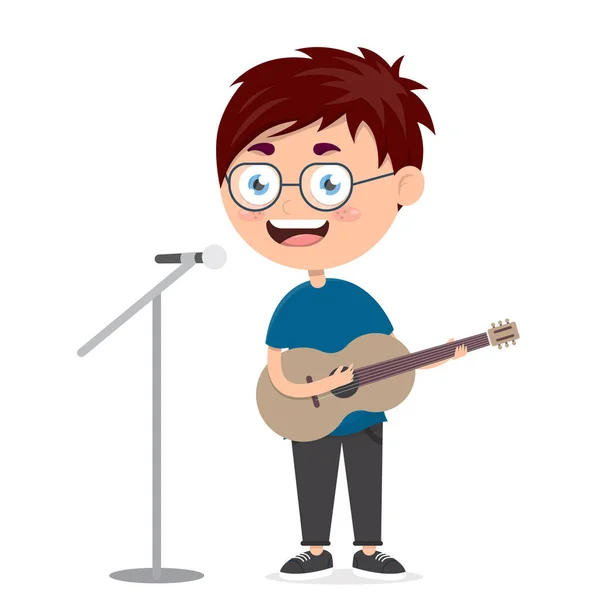少年の歌とギター演奏子供の音楽演奏漫画のベクトルイラスト — ストックベクタ
