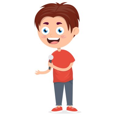 Küçük çocuk elinde mikrofonla şarkı söylüyor, çocuğun vokal performansı, karikatür vektör çizimi