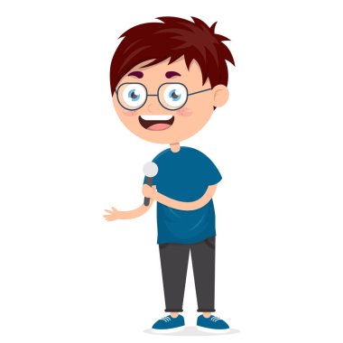 Küçük çocuk elinde mikrofonla şarkı söylüyor, çocuğun vokal performansı, karikatür vektör çizimi