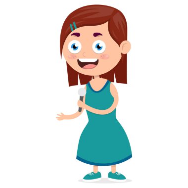 Küçük kız elinde mikrofonla şarkı söylüyor, çocuğun vokal performansı, karikatür vektör çizimi