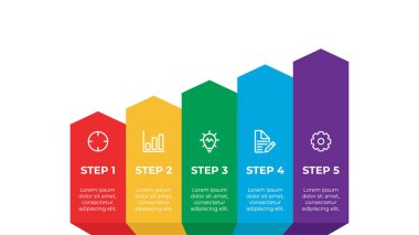 Beş seçeneği olan bilgi ögesi vektörü, adım, iş akışı, diyagram, bayrak, süreç, iş sunum şablonu, zaman çizelgesi için kullanılabilir.