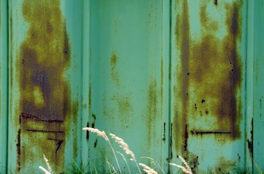 Paslı yeşil metal bir duvarın soyut görüntüsü