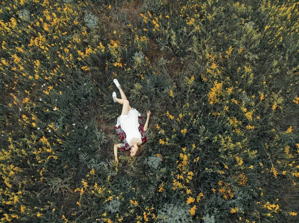 Meisje Ligt Een Veld Met Bloemen Bovenaanzicht — Stockfoto