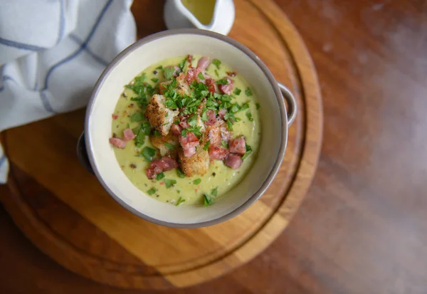 Soup with croutons and ham — Stock Image Soup Croutons Ham Royalty Free Stock Images