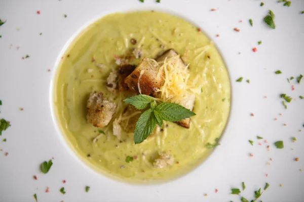 Fresh Soup with croutons and ham in a plate — Stock Image Fresh Soup Croutons Ham Plate Stock Photo