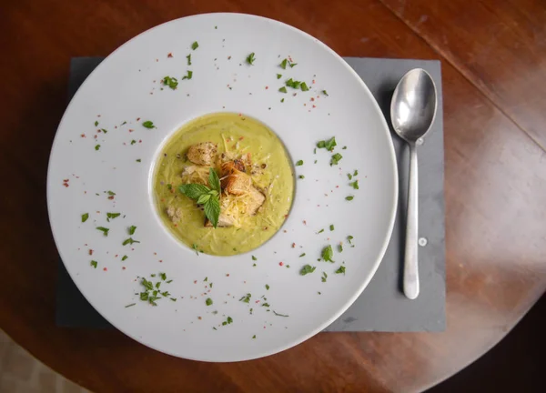 Fresh Soup in a plate, close up — Stock Image Fresh Soup Plate Close Stock Photo