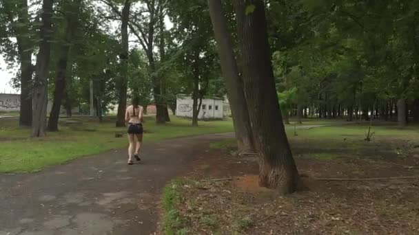 Young Woman Running Park Morning — Stock Video