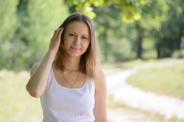 Woman White Shirt Posing Outdoors — Stock Photo, Image