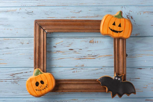 Moldura Para Conceito Halloween Com Uma Abóbora Morcego — Fotografia de Stock