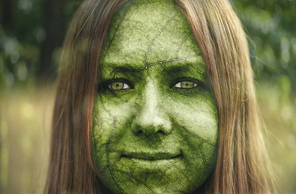 Retrato Mulher Combinado Com Folha Grean — Fotografia de Stock