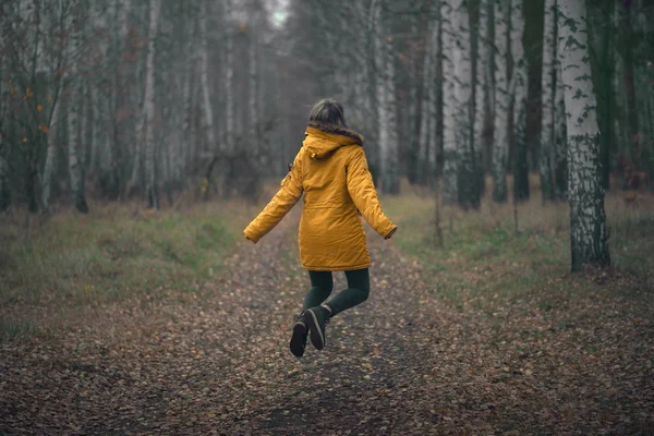 Uma Menina Andando Bosque Bétula — Fotografia de Stock