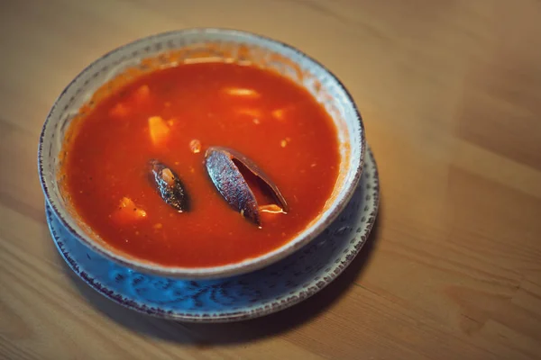 Sopa Tomate Con Mejillones Cerrar — Foto de Stock