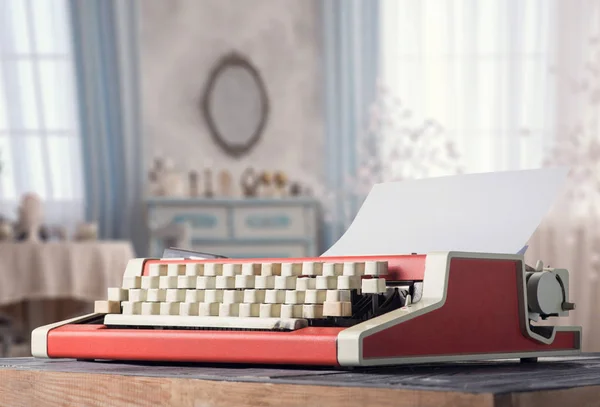 Máquina Escrever Vintage Vermelho Interior Retro Tons Azuis — Fotografia de Stock