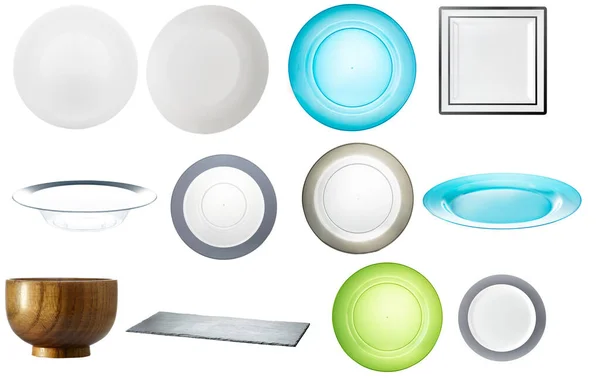 Set Bowls Plates Isolated White — Stock Photo, Image