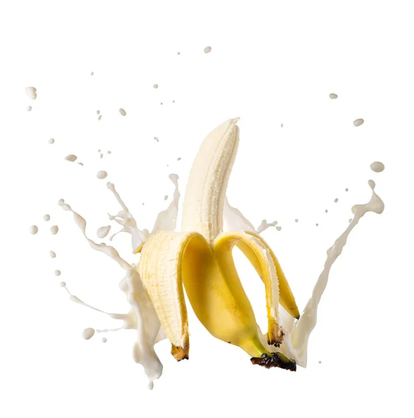Banana Com Salpicos Leite Fundo Isolado — Fotografia de Stock