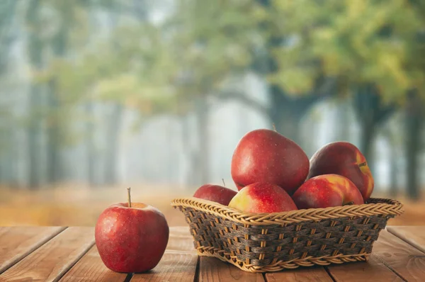 Mele Cesto Sullo Sfondo Giardino Autunnale — Foto Stock