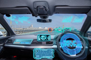 Akıllı araba (HUD) kavramı. Araçta boş kokpit ve otomatik sürüş modu grafiği.