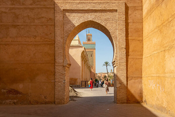 Typical arabic arch of a medina in Marrakech. Morocco October 2019