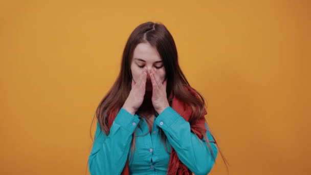 Stressed covered face with hands, crying feels desperate. Fear,shame, violence. — Stock Video