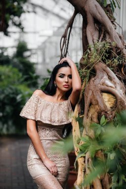 Genç ve güzel bir esmer, sık orman ve yağmur ormanları arasında poz veriyor. Spa